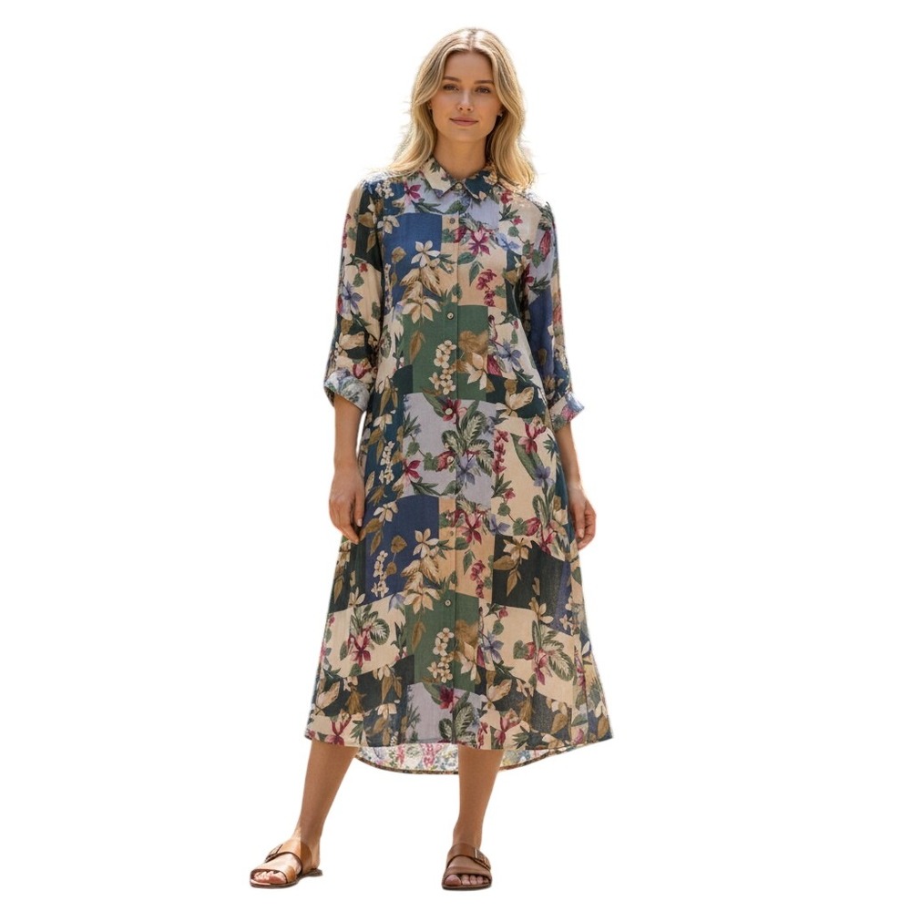 Tommy Bahama Floral Patchwork Midi/Maxi Shirt Dress Multicolor Button Front M - Picture 1 of 9